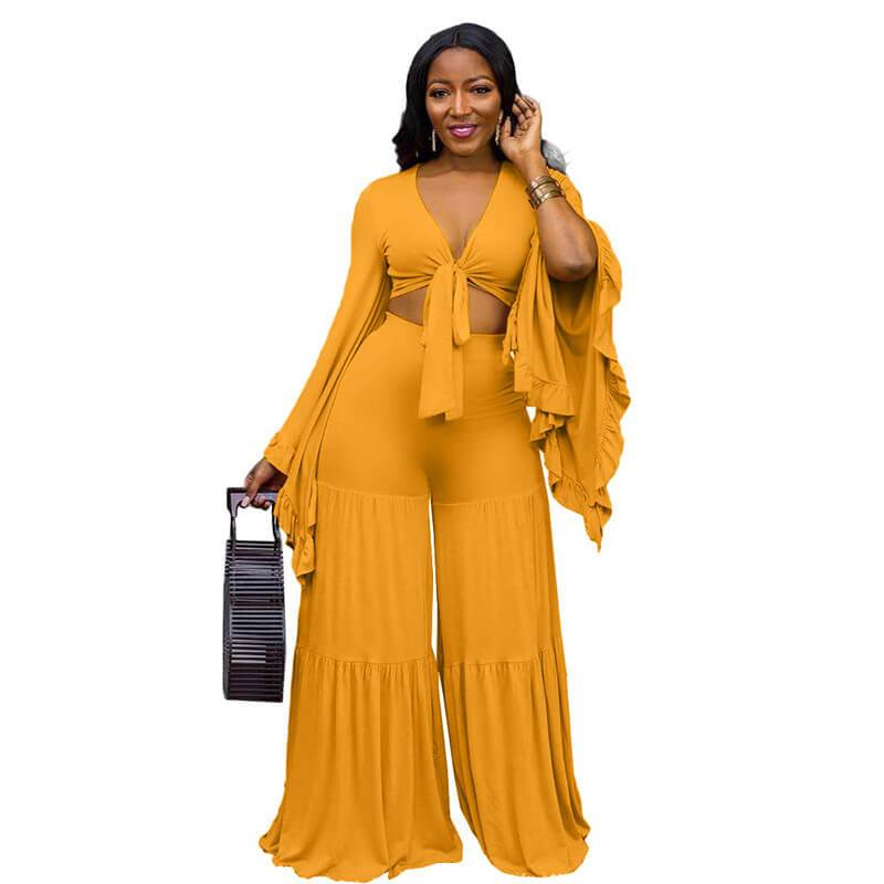 Plus Size Ruffle 2 Piece Lace-up Top - yellow color