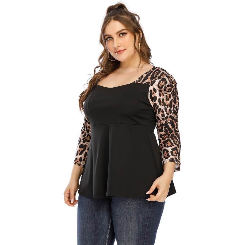 Plus Size Leopard T Shirt - black whole body