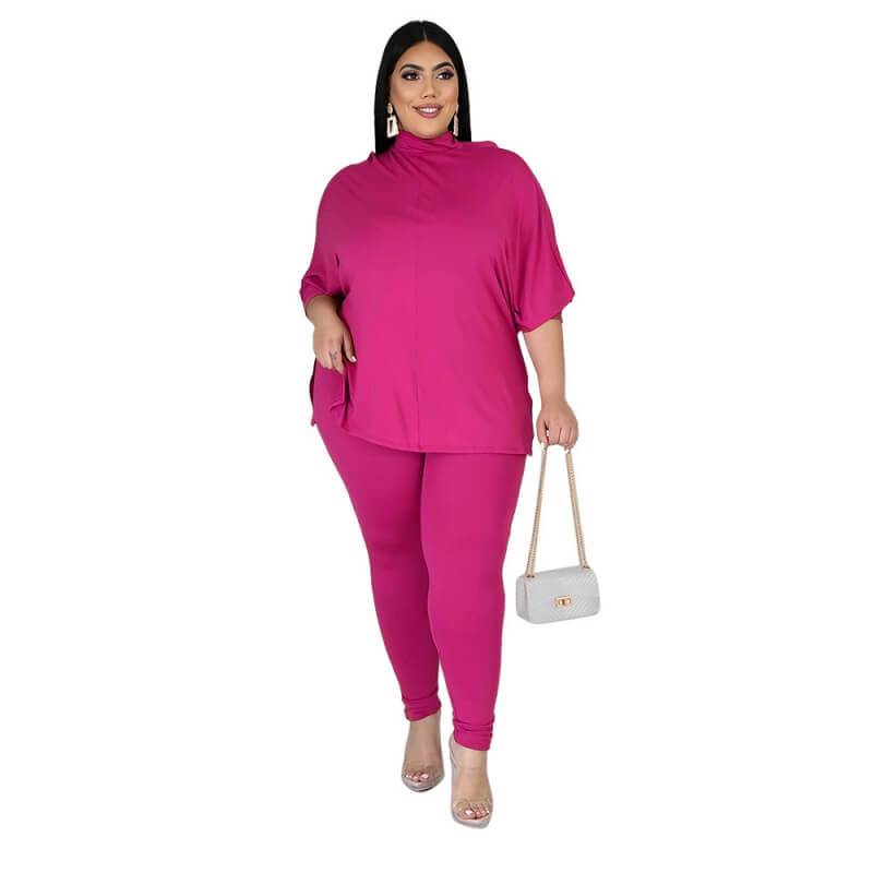 Plus Size Solid Collar Set - rose  red color
