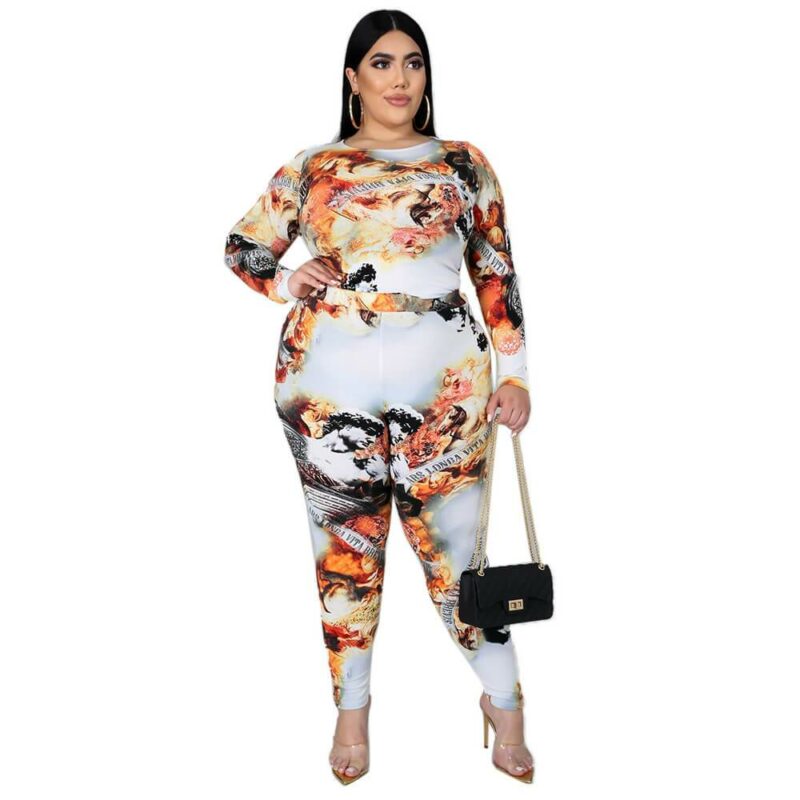 Plus Size Special Printed Long Sleeve Trousers Autumn Winter Suit