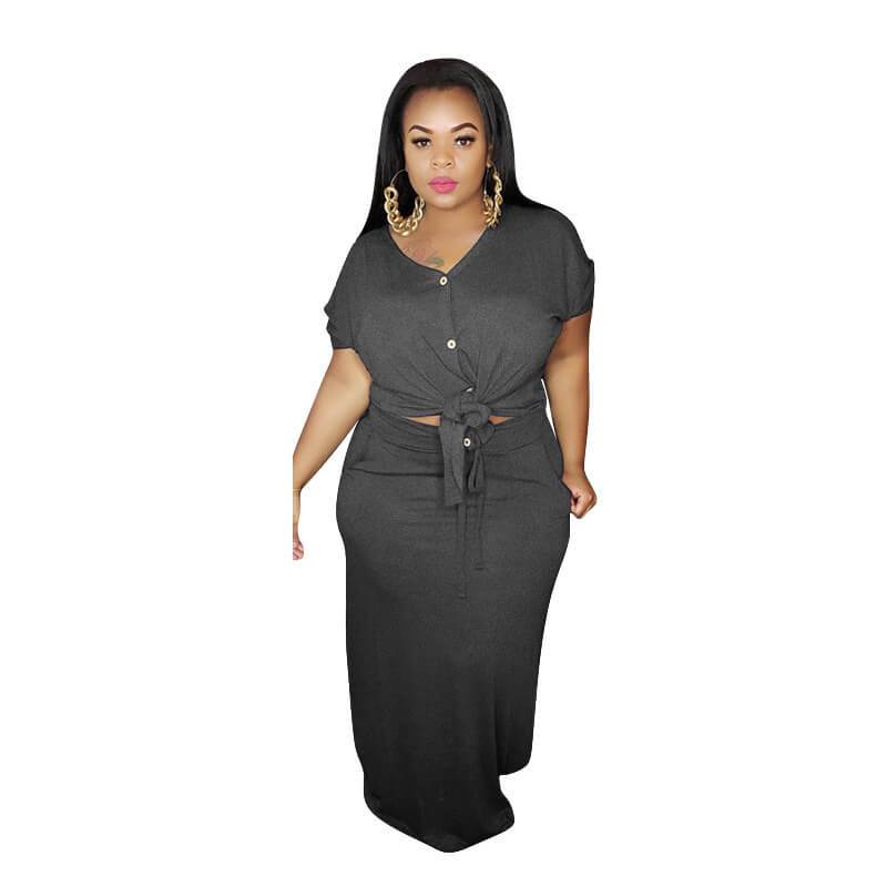 Plus Size Strap Knitted L Two-piece Set- grey color