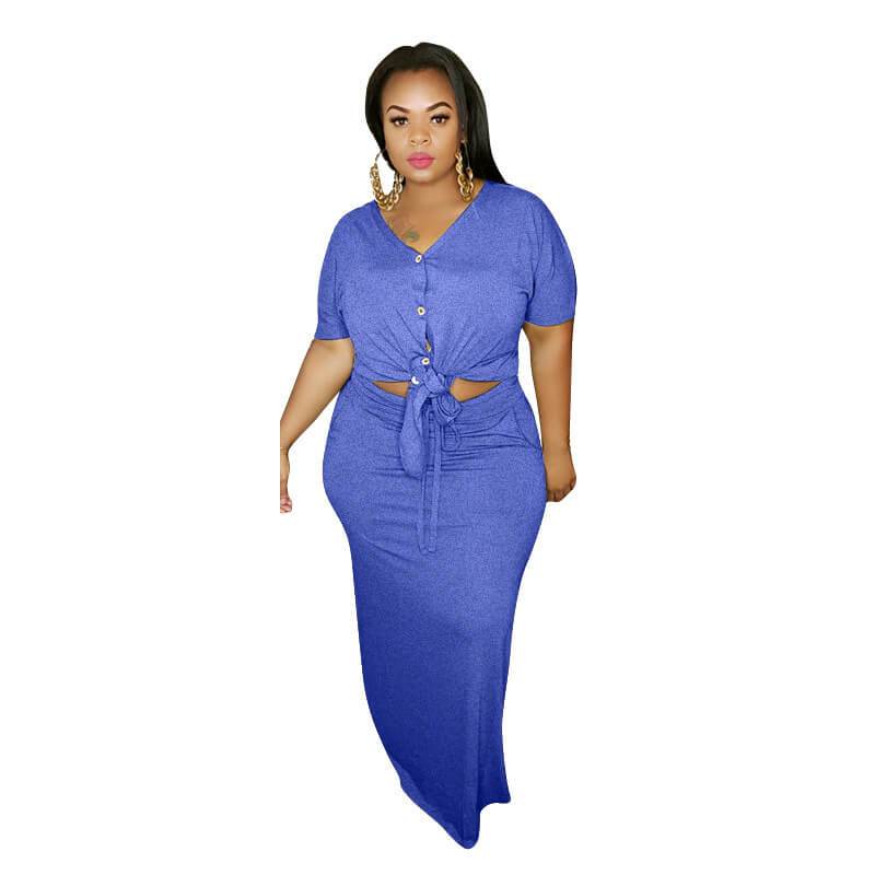 Plus Size Strap Knitted L Two-piece Set- blue positive