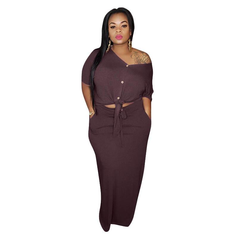 Plus Size Strap Knitted L Two-piece Set- red color