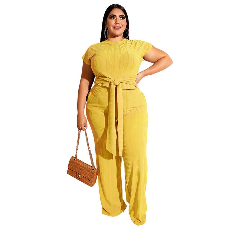 Plus Size Strappy Solid Color Sets - yellow  color