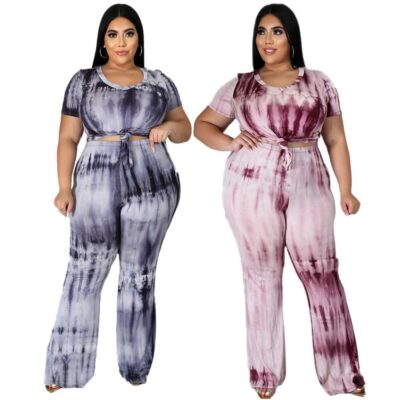 Plus Size Tie-dyed sleeved Casual Sets - main picture