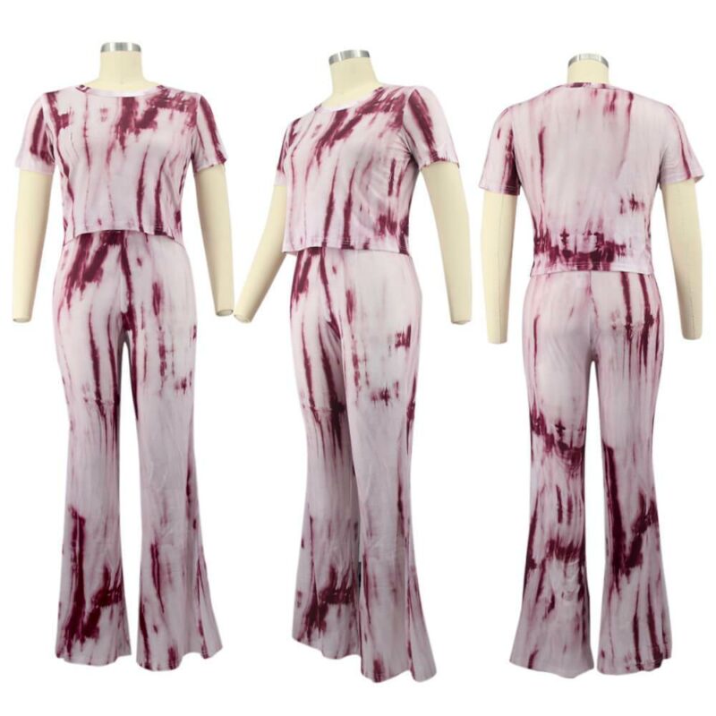 Plus Size Tie-dyed sleeved Casual Sets - pink model picture