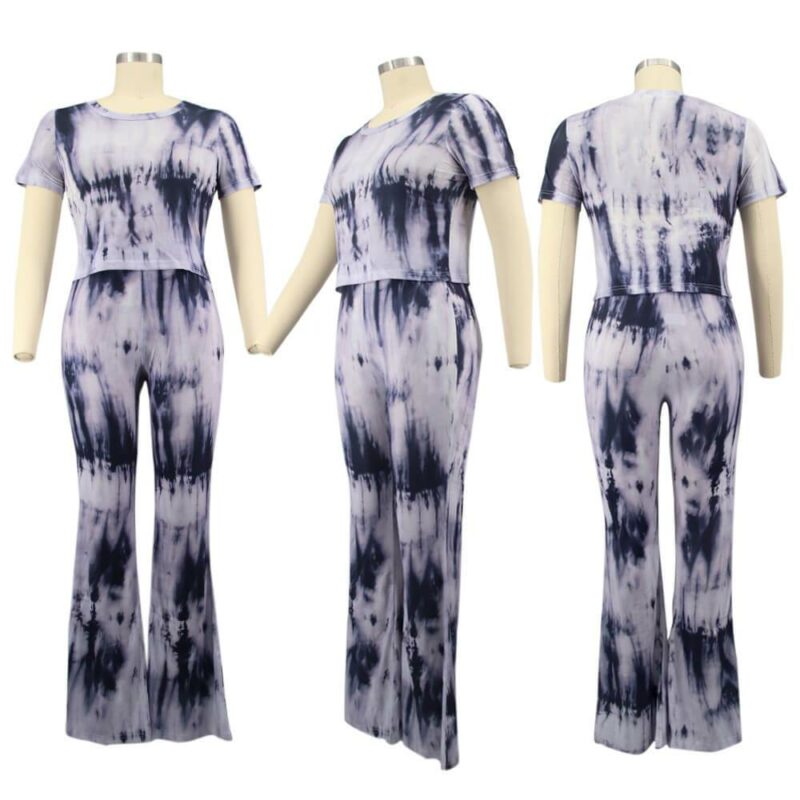 Plus Size Tie-dyed sleeved Casual Sets - black model picture