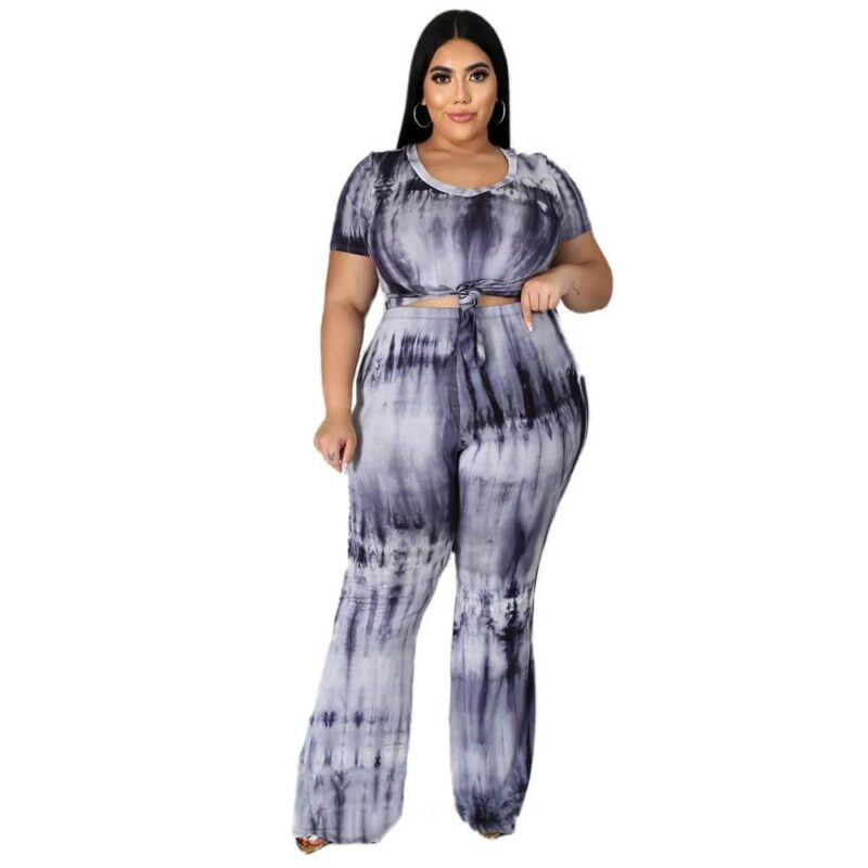 Plus Size Tie-dyed sleeved Casual Sets - black color
