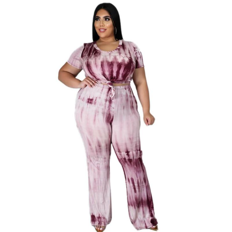 Plus Size Tie-dyed sleeved Casual Sets - red color