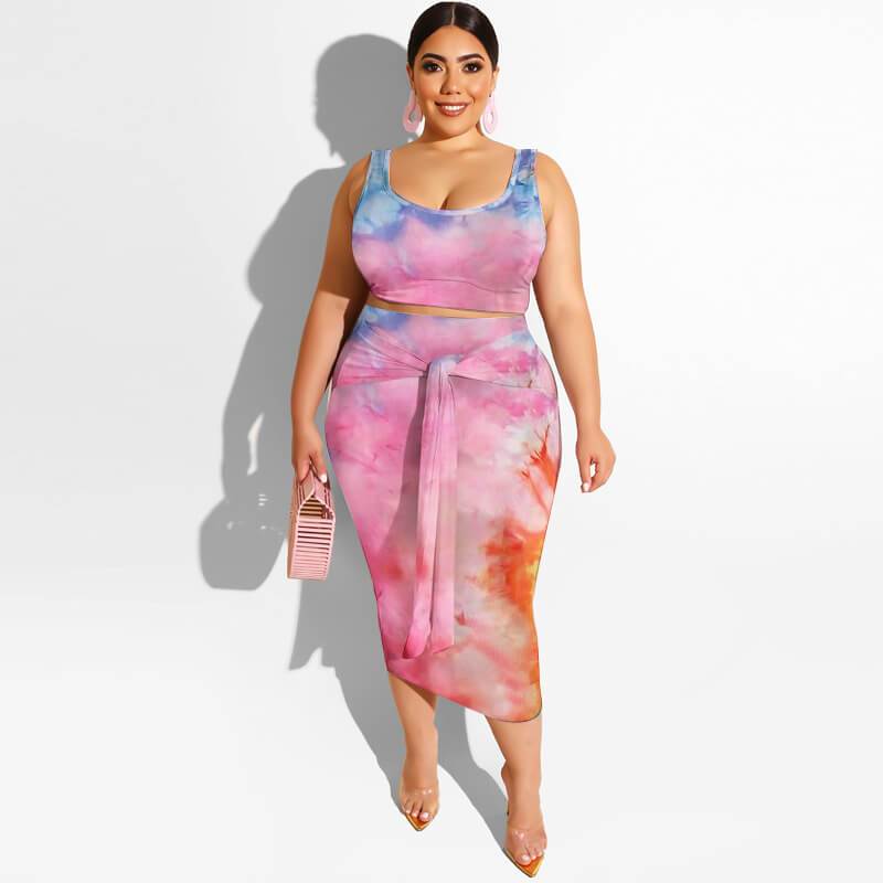 Plus Size Maxi Skirt Set - pink orange color