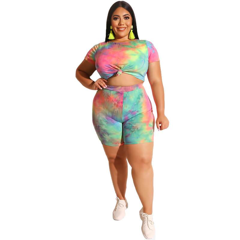 Plus Size Two Piece O-Neck Outfits - green color