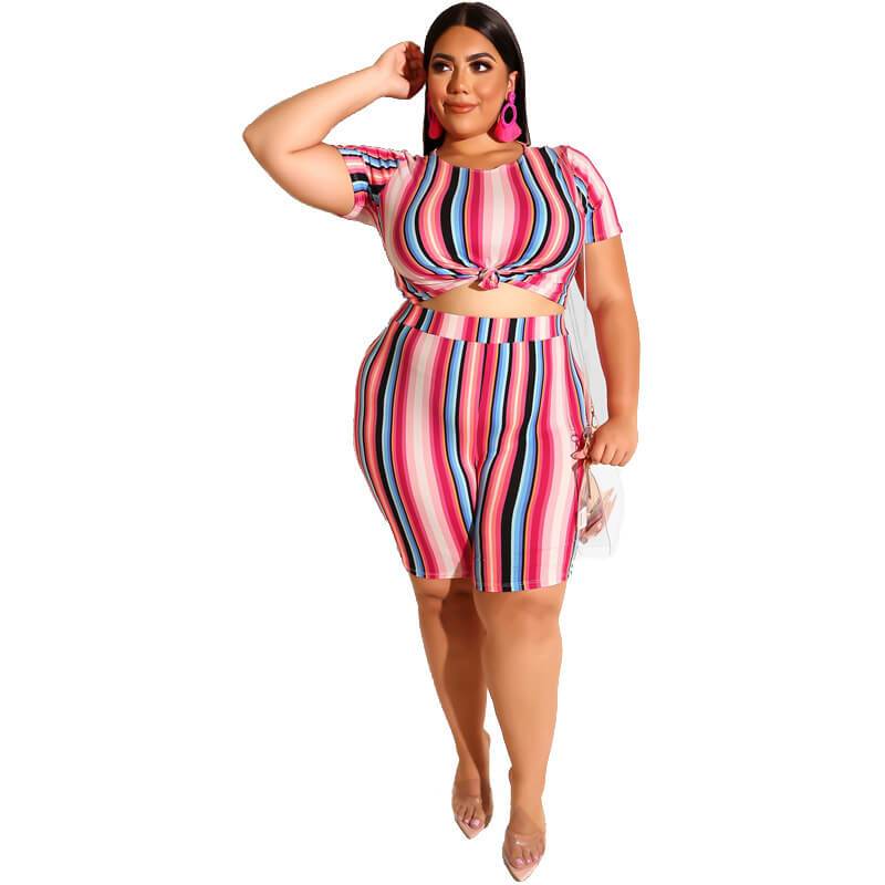 Plus Size Two Piece O-Neck Outfits - red color