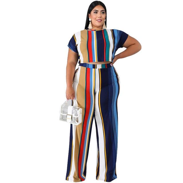 Plus Size Sets Womens Printed Stripes - blue color