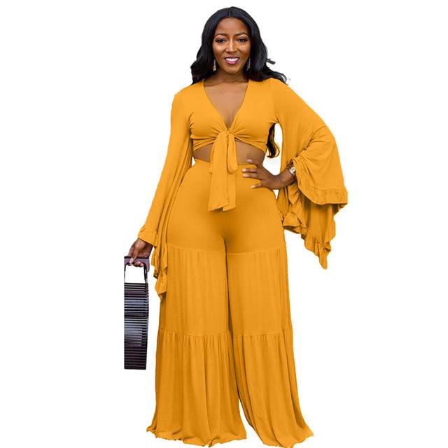 Plus Size Ruffle 2 Piece Lace-up Top - yellow positive