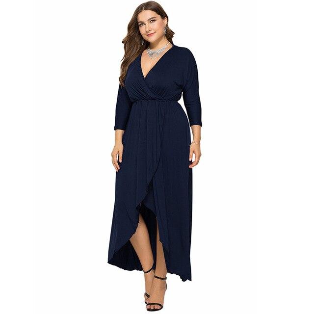Long Sleeve Plus sSize Evening Dresses - navy blue color