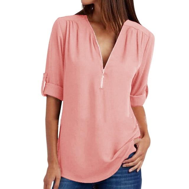 Plus Size V-neck Roll Up Sleeve Zipper Tunic Tops