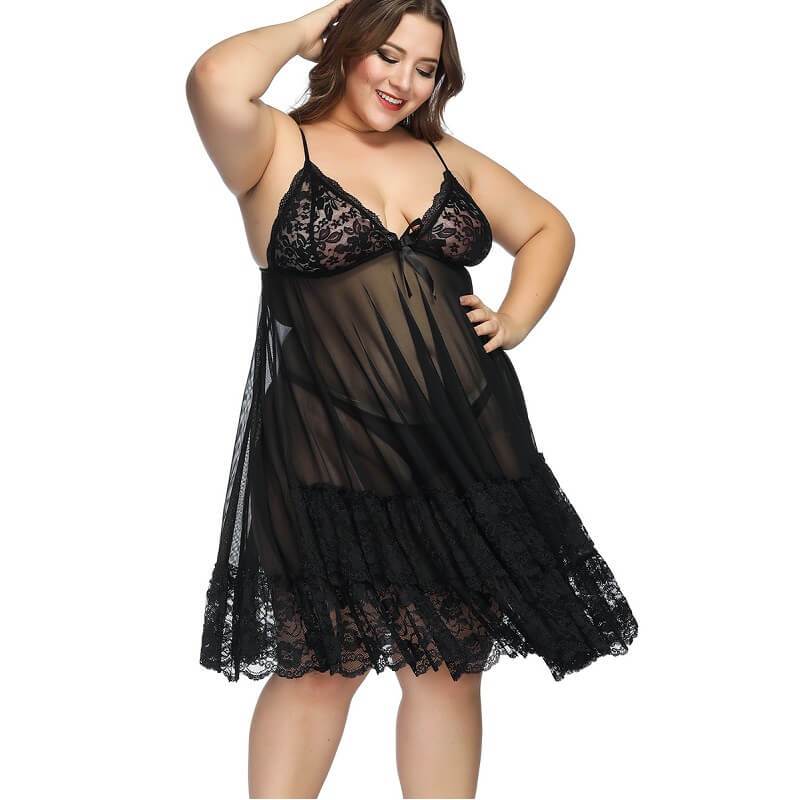 Oversized Lace See-through Pajamas - black color