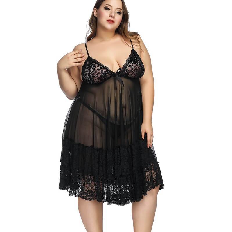 Oversized Lace See-through Pajamas - black front