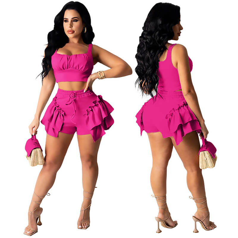 2 piece set shorts and top-rose red-model view