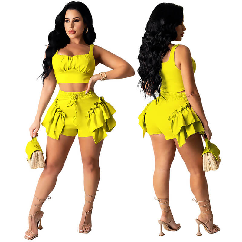 2 piece set shorts and top-yellow-model view