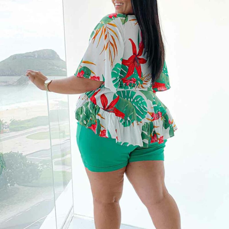 Green Plus Size Two Piece Short Set-green-back view