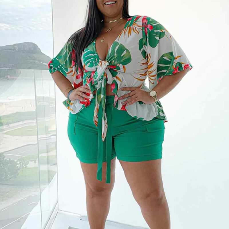 Green Plus Size Two Piece Short Set-green-front view