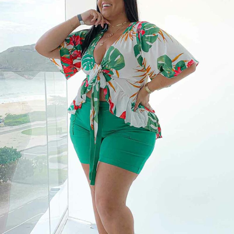 Green Plus Size Two Piece Short Set-green-left side view