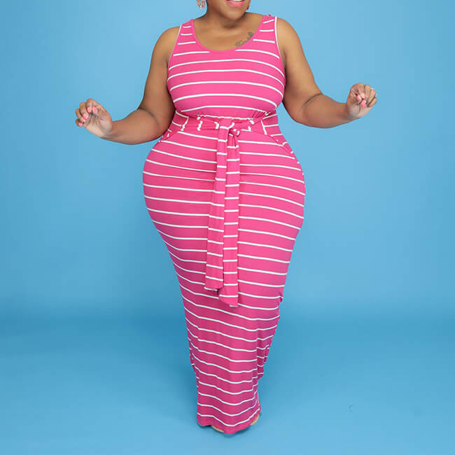 Plus Size Striped Dress-Pink Colo - front view (1)