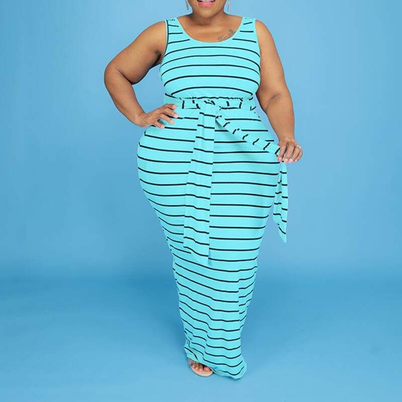 Plus Size Striped Dress-blue Colo - front view