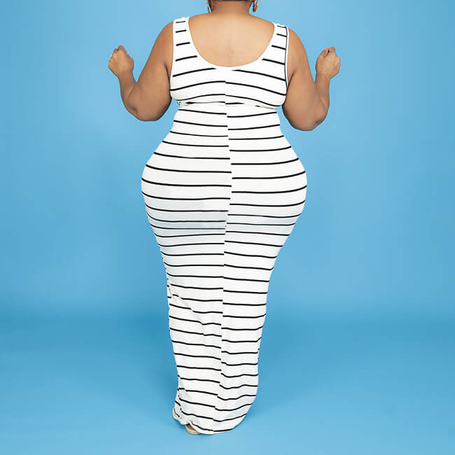 Plus Size Striped Dress-white Colo - back view