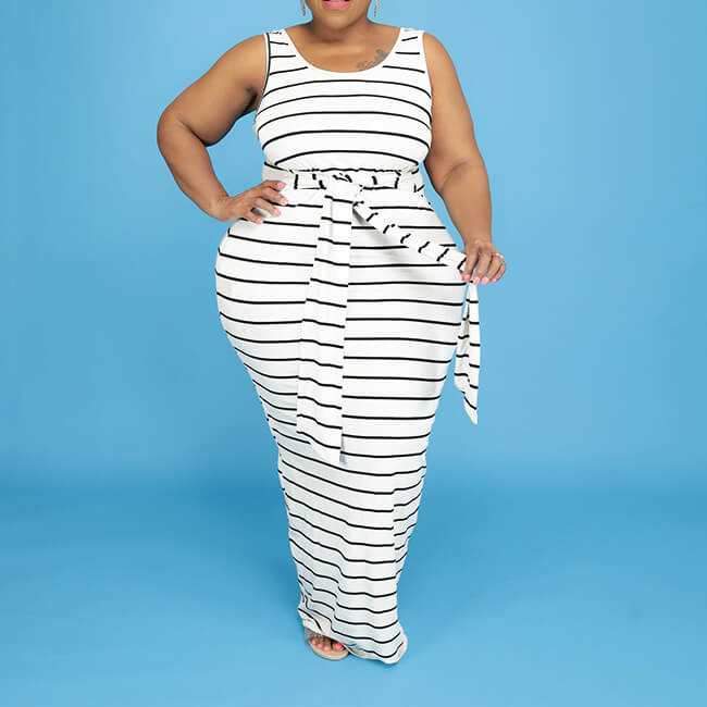 Plus Size Striped Dress-white Colo - front view