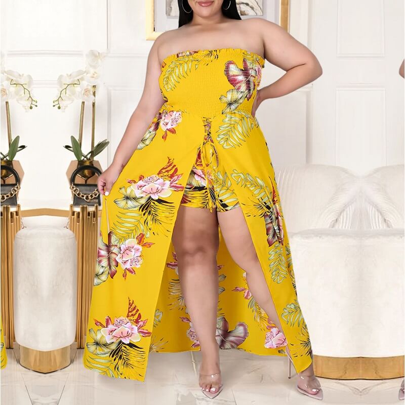 Trendy Plus Size Prom Dress yellow color -front view