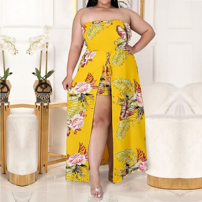 Trendy Plus Size Prom Dress yellow color -front
