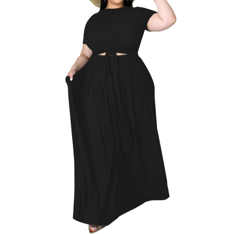 plus size crop top and maxi skirt set Black color- left view