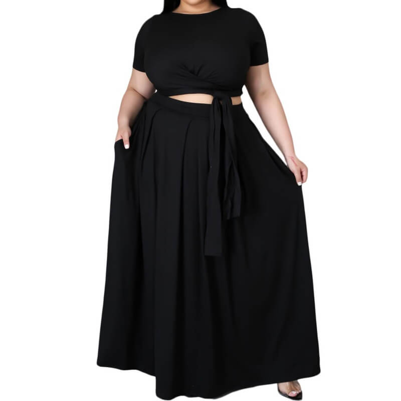 plus size crop top and maxi skirt set- black color front view