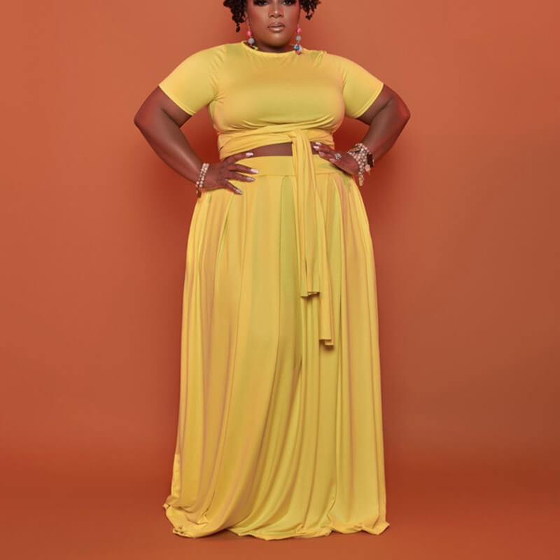 plus size crop top and maxi skirt set - yellow color