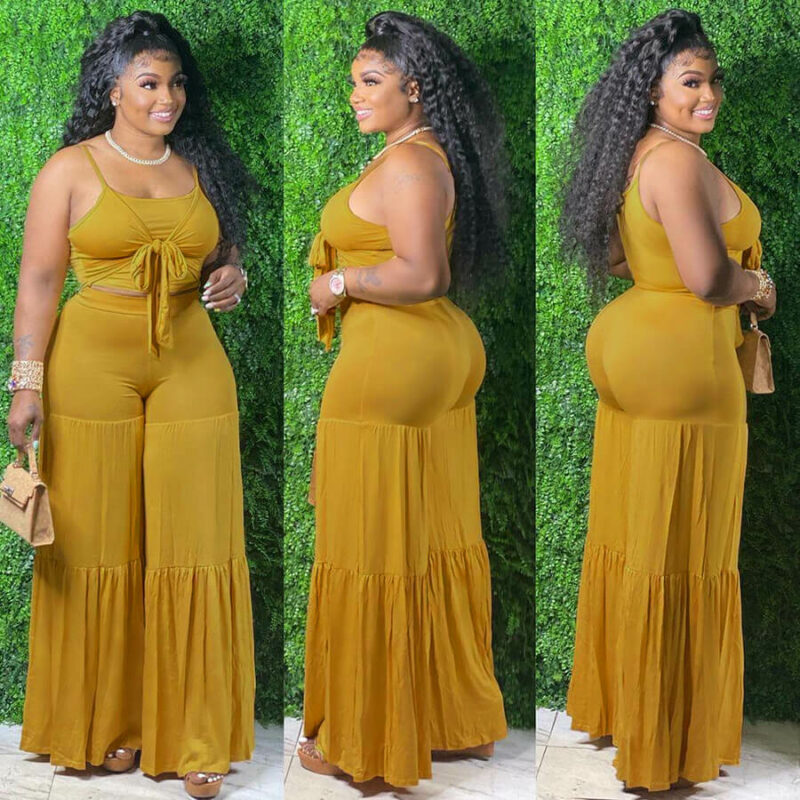 plus size crop top and pants set yellow color