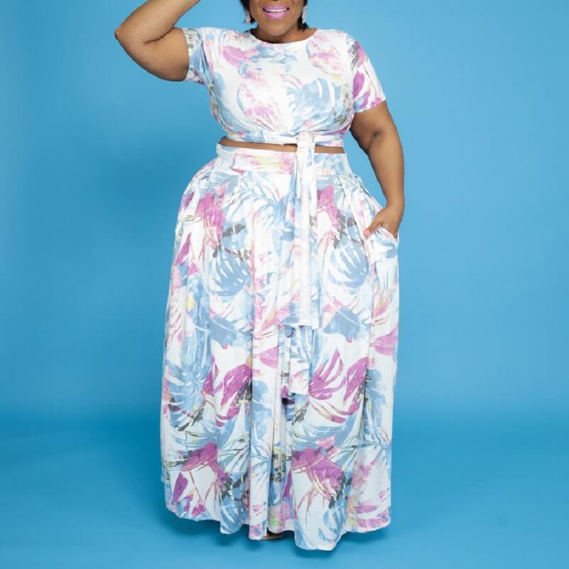 plus size crop top and skirt set - blue color front view
