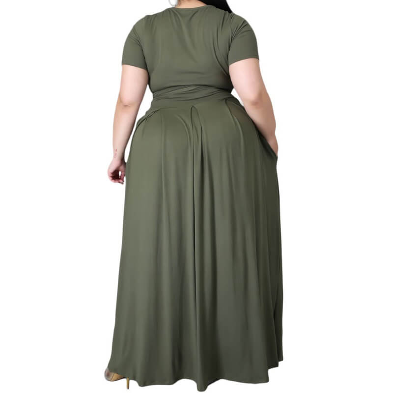 plus size crop top and skirt set - dark green color back view