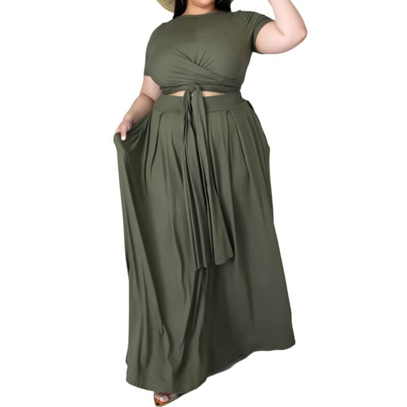 plus size crop top and skirt set - dark green color front view