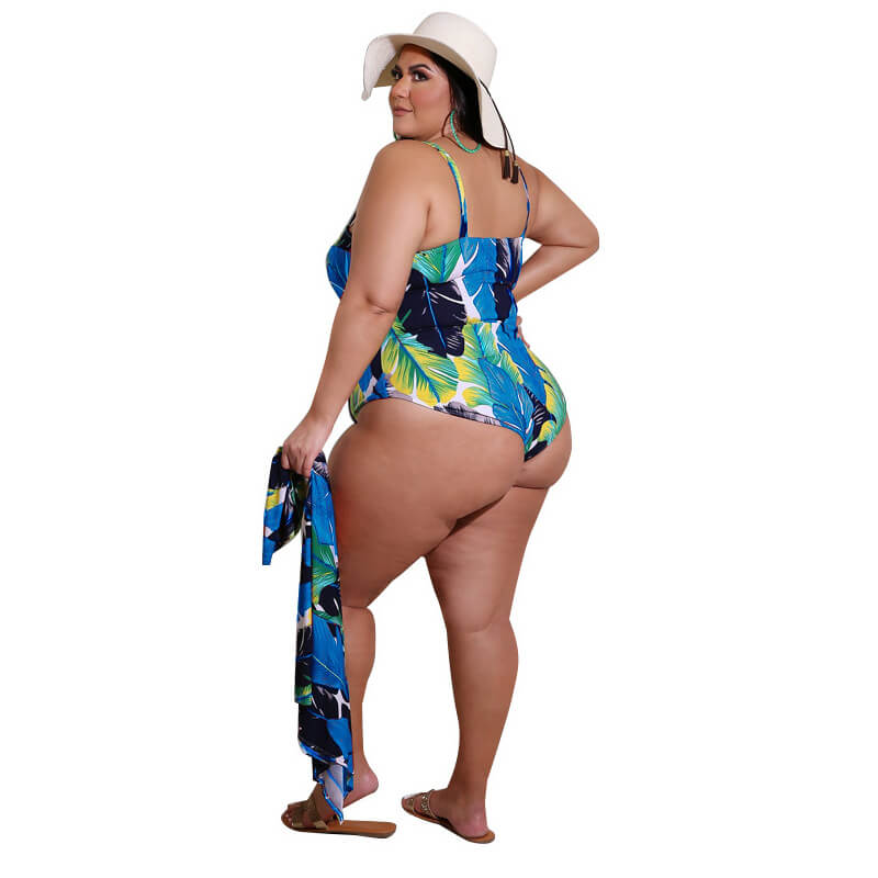 plus size swimsuit and cover up set-blue-back view