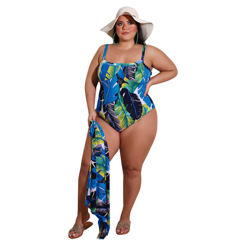 plus size swimsuit and cover up set-blue-front view