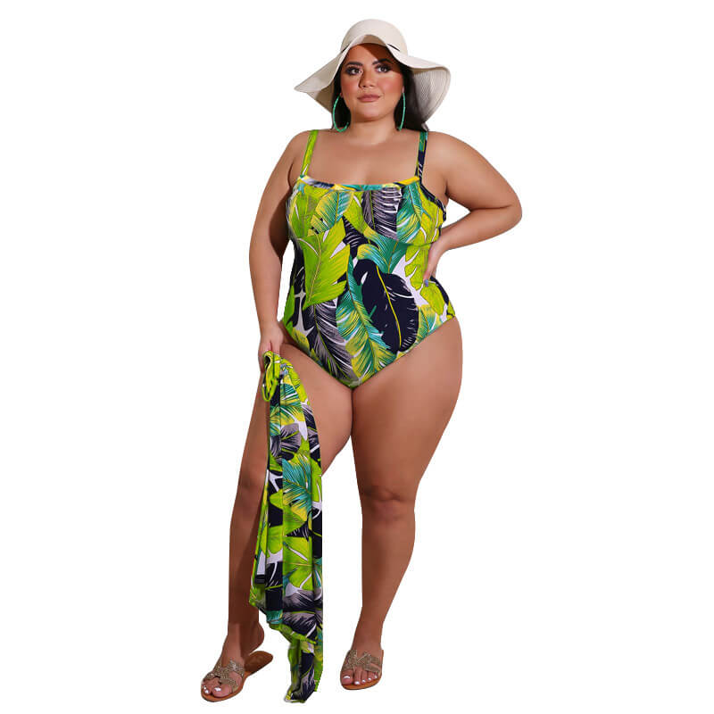 plus size swimsuit and cover up set-green-left side view