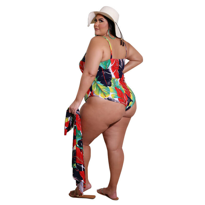 plus size swimsuit and cover up set-red-back view