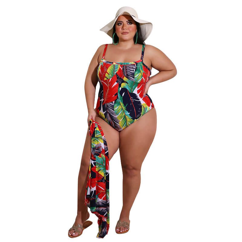 plus size swimsuit and cover up set-red-left side view