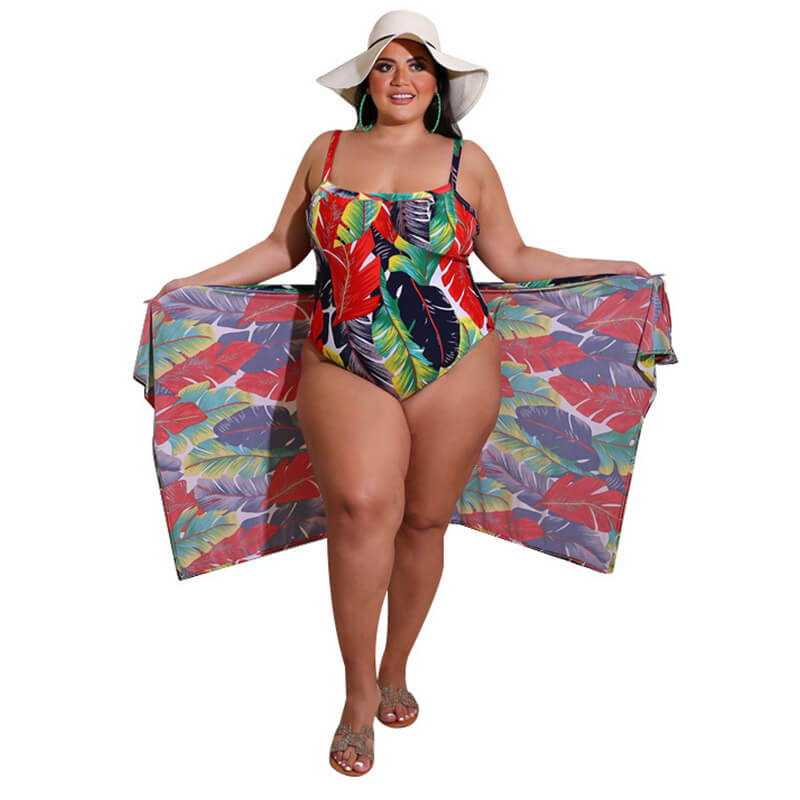 plus size swimsuit and cover up set-red-offside view