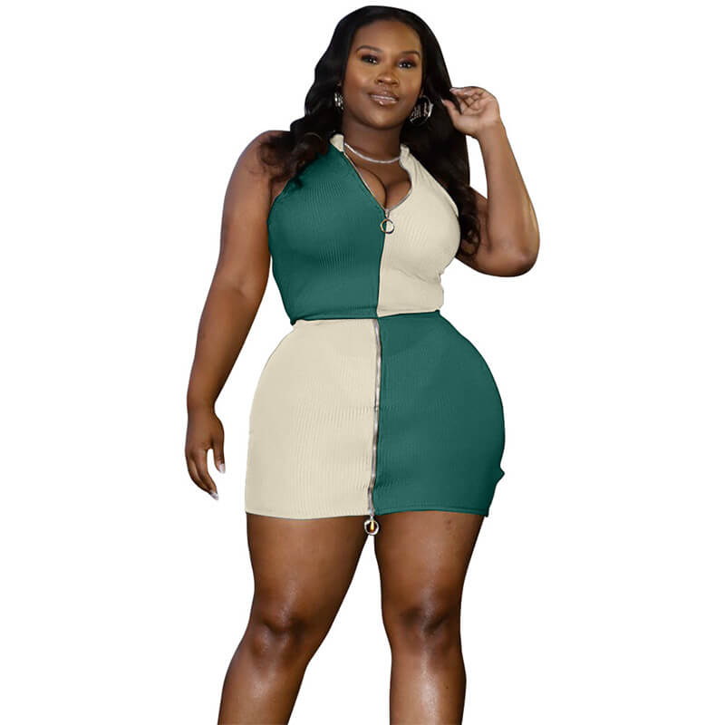 plus size two piece skirt set-green-front view