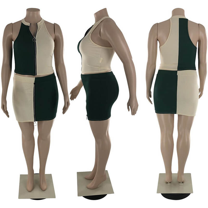 plus size two piece skirt set-green-model view