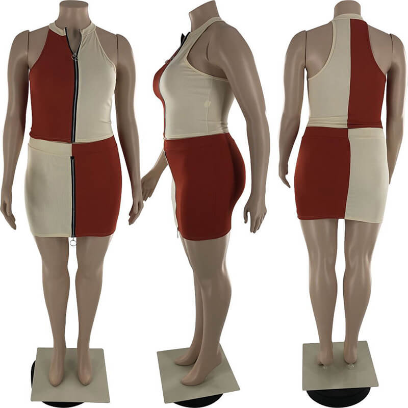 plus size two piece skirt set-orange-model view