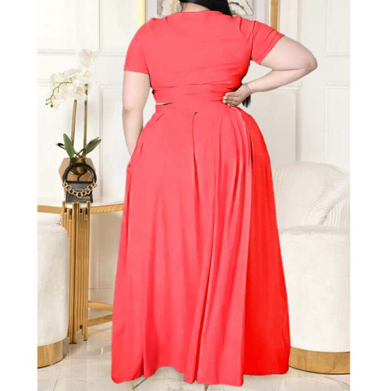 plus size two piece skirt set -rose red back view